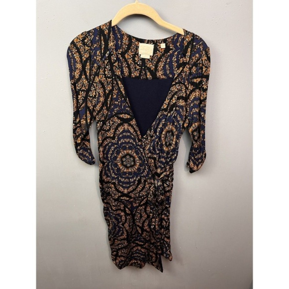 Vanessa Virginia Anthropologie Navy‎ Gold Medallion Ruched Faux Wrap Dress Sz S